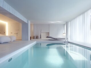 Tranquil interior swimming pool with minimalist white design and soft light