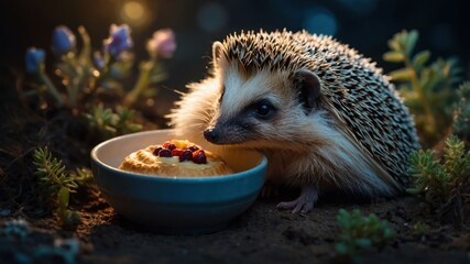A hedgehog enjoying a small dish of food in a natural, softly lit environment.