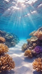 Naklejka premium serene underwater landscape with corals and anemones swaying at the ocean floor