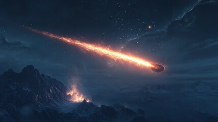 Obraz premium Fiery meteoroid streaks across night sky above snowy mountains, volcanic eruption