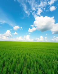 Obraz premium Endless verdant meadow under a serene sky, fluffy clouds drift lazily, summer, white