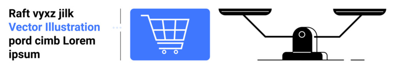 Blue shopping cart next to black balance scale indicating decision-making, comparison, and analytics. Ideal for e-commerce, marketing, business strategy, analysis, equity, justice simple landing