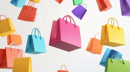 Colorful shopping bags and boxes floating in the air, symbolizing online shopping, retail therapy, and sales excitement on a white background.