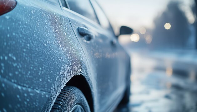 Closeup Of A Frost-Frozen Side View Of A Silver Car In Winter, Emphasizing Service Station Training And Car Prevention For Winter.