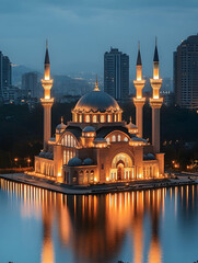 Illuminated mosque reflected in water at dusk, with cityscape backdrop