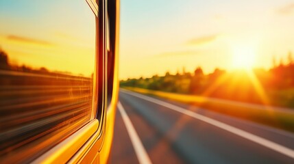 Blurred motion scene of highway at sunset with dynamic orange lighting showing speed transition journey and the future of transportation through energy and modern mobility concept