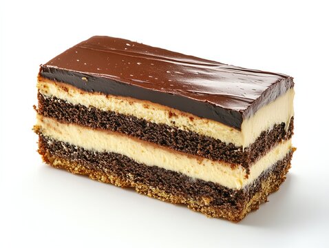 Delicious Chocolate Cake Slice with Creamy Layers on White Background