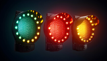 Illuminated traffic signal showing green, red, and yellow lights on dark background