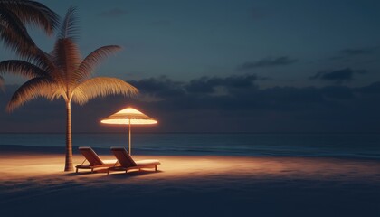 Obraz premium Experience A Dreamy Resort Setting With Two Beach Chairs And An Umbrella In Realistic Surroundings