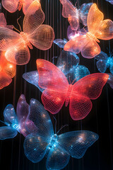 Illuminated, wire-frame butterflies hanging A beautiful, colorful display glows against a black background