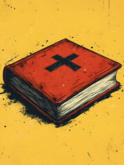 Illustration of a closed book with a dark cross against a yellow background