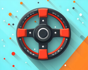 Illustration of a stylized steering wheel with red accents against a teal background