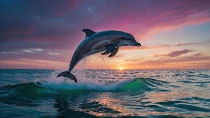 Obraz premium A dolphin leaps from the ocean at sunset, showcasing its grace and beauty in nature.