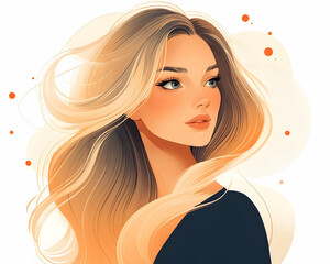 Illustration of a woman with flowing, blonde hair looking away