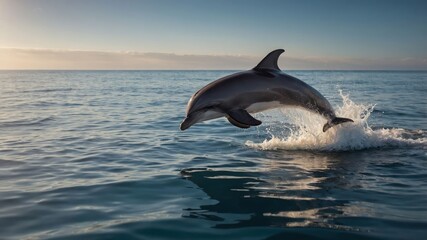 Fototapeta premium A dolphin leaps gracefully above the ocean surface at sunset.