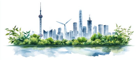 Obraz premium Futuristic cityscape watercolor illustration urban environment gigapixel detail modern architecture serene nature artistic view