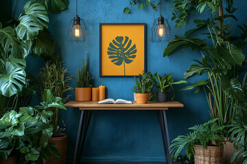 Indoor garden oasis with plants around desk, picture, candles, and lights against a textured blue wall