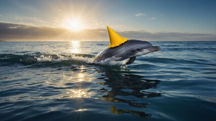 Fototapeta premium A playful dolphin wearing a yellow party hat splashes in the ocean at sunset.