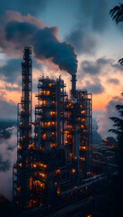 Industrial complex Smoke billows from a tall smokestack under a dramatic sky