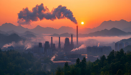 Industry spews pollution into air at dawn over mountains