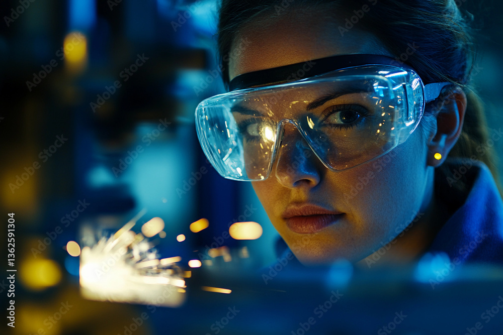 Poster close-up of woman engaged in precision metalworking generative ai