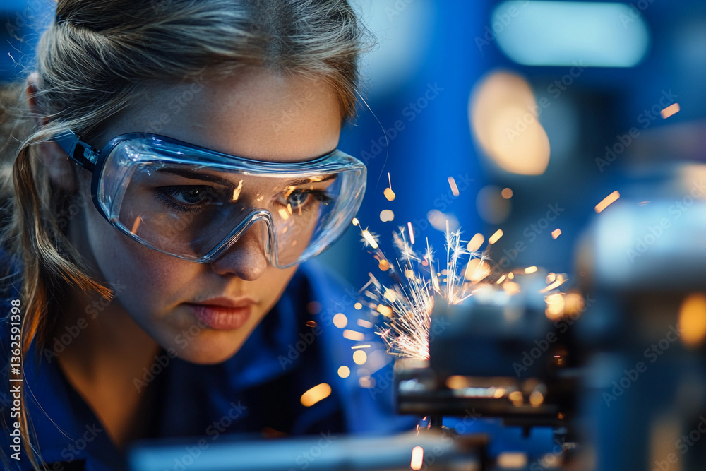Poster woman performing precision metalworking in workshop generative ai