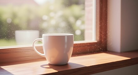 Fototapeta premium White Coffee Cup On Wooden Window Sill In Sunlight