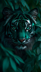 Intense tiger gaze amid lush foliage, vivid teal tones, and strong contrast