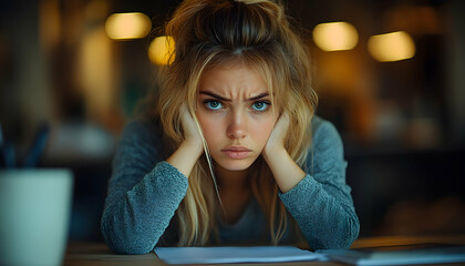 Intense young woman with messy blonde hair, looking upset