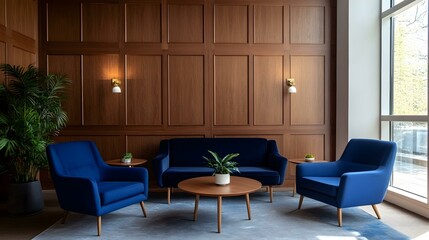 Fototapeta premium Modern blue velvet armchairs and sofa in a room with wood paneling, large window, and plants. Perfect for interior design, home decor, and lifestyle concepts.