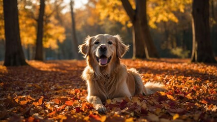 A golden retriever happily lying on colorful autumn leaves in a serene forest setting.