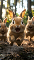 Happy bunnies! Three adorable rabbits run through a forest, joyous and bright