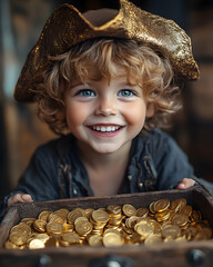 Happy child with gold coins, wearing a pirate hat