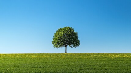 Obraz premium A large green tree in the midst of an open field, with vibrant grass and yellow flowers around it under clear blue skies. Sunlight - lit landscape offering a serene atmosphere for nature lovers.