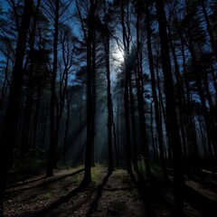 Obraz premium Shadowy trees, silver moonlight bathes forest floor, horror, ambiance, night