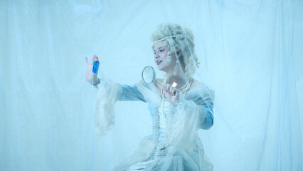 Young elegant woman in vintage dress exploring crystal through magnifying glass, fantasy meets science, noble elegance turned curiosity, blending epochs and themes. Comparison of eras, art, creativity