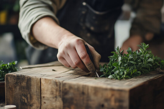 person is cutting plants with a pair of scissors. The plants are in a wooden box. The person is wearing a black apron