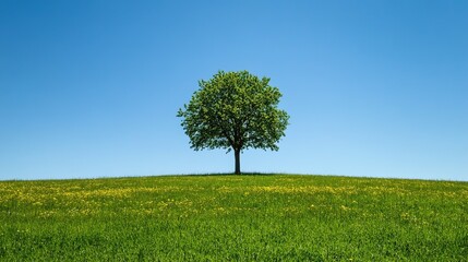 Fototapeta premium A large green tree in the midst of an open field, with vibrant grass and yellow flowers around it under clear blue skies. Sunlight - lit landscape offering a serene atmosphere for nature lovers.