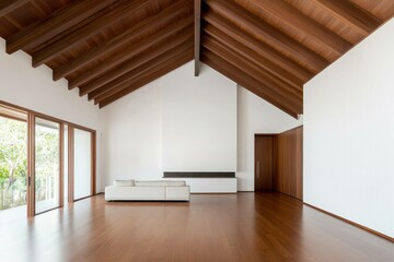 Obraz premium Minimalist modern interior with high wooden ceilings, empty space ideal for relaxation, featuring a white sofa and natural light flowing in through large windows