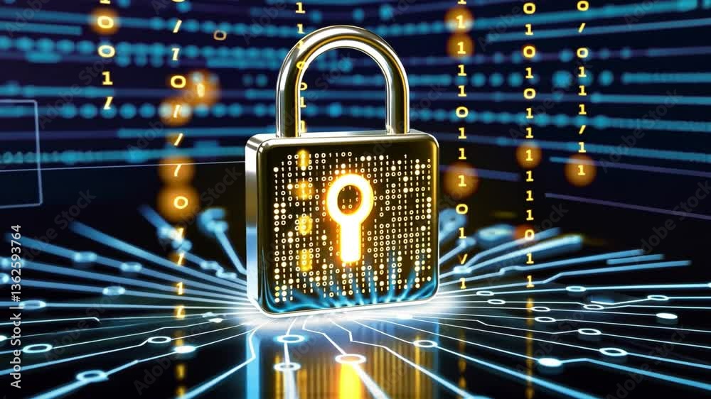 Poster digital padlock symbolizing cybersecurity fusion of data protection, encryption, and technology amid