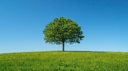 A large green tree in the midst of an open field, with vibrant grass and yellow flowers around it under clear blue skies. Sunlight - lit landscape offering a serene atmosphere for nature lovers.
