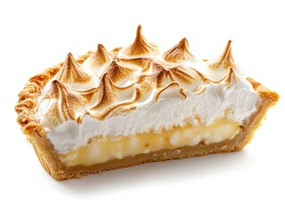 Lemon Meringue Pie Slice with Toasted Meringue on White Background