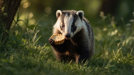 Fototapeta premium A badger holding a pie in a grassy setting, showcasing wildlife interaction with food.