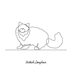 One continuous line drawing of British Longhair Cat Vector. Various of Cat themes design concept with simple linear style vector. Cat are domesticated mammals, loyalty and companionship to human.