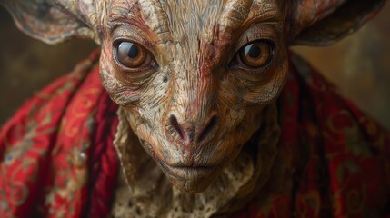 Aswang with Intense Eyes in a Red Cloak and Lace in a Dark Setting