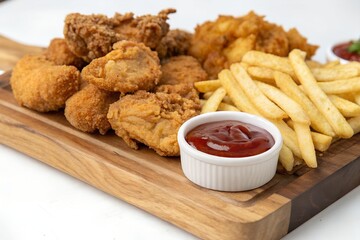 Naklejka premium Crispy Chicken Tenders, Fries, and Ketchup The Ultimate Comfort Food Platter