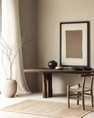 Minimalist room with wooden table, chair, and artwork.