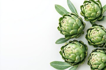 Fototapeta premium Freshly harvested artichokes arranged with green leaves on a clean background for culinary inspiration