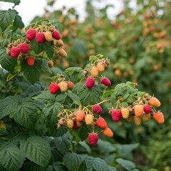 Obraz premium An orchard of ripe raspberries, the red berries clustered together on the bushes, ready for harvest, Ai Generated
