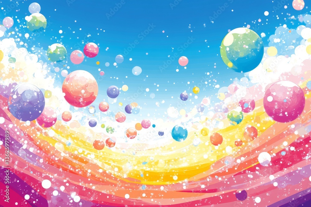 Poster colorful abstract design with spheres and vibrant waves in a bright sky setting